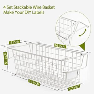 4 Pack Large Stackable Wire Baskets For Pantry Storage and Organization - Metal Storage Bins for Food, Fruit - Kitchen Bathroom Closet Cabinets Countertops Organizer, White