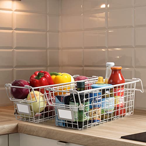 4 Pack Large Stackable Wire Baskets For Pantry Storage and Organization - Metal Storage Bins for Food, Fruit - Kitchen Bathroom Closet Cabinets Countertops Organizer, White