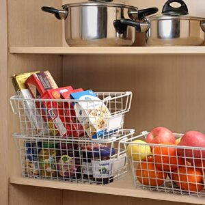 4 Pack Large Stackable Wire Baskets For Pantry Storage and Organization - Metal Storage Bins for Food, Fruit - Kitchen Bathroom Closet Cabinets Countertops Organizer, White