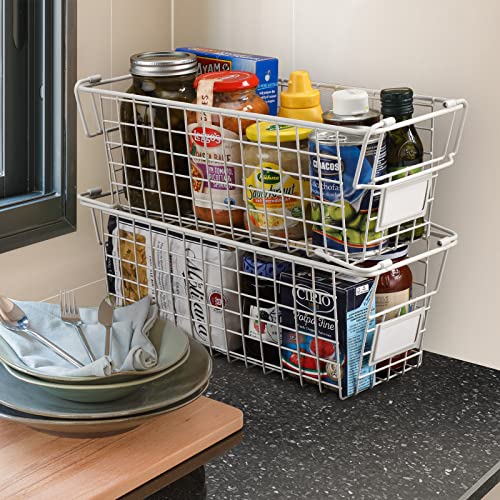 4 Pack Large Stackable Wire Baskets For Pantry Storage and Organization - Metal Storage Bins for Food, Fruit - Kitchen Bathroom Closet Cabinets Countertops Organizer, White