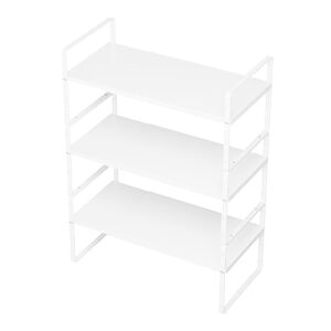sanno expandable cabinet shelf rack, stacking shelf large kitchen cupboard organizer stackable counter shelf organizer large expandable shelves, white 3 pack