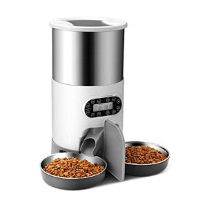 automatic cat feeder for two cats, nautypaws dry food dispenser with splitter and two stainless bowls, 10s meal call and timer setting, dual power supply pet feeder for cats & dogs