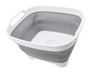 sammart 7.5l (2 gallons) collapsible dishpan with draining plug - foldable washing basin - portable dish washing tub - space saving kitchen storage tray (white/grey, 1)