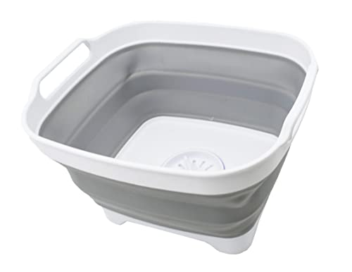 SAMMART 7.5L (2 Gallons) Collapsible Dishpan with Draining Plug - Foldable Washing Basin - Portable Dish Washing Tub - Space Saving Kitchen Storage Tray (White/Grey, 1)