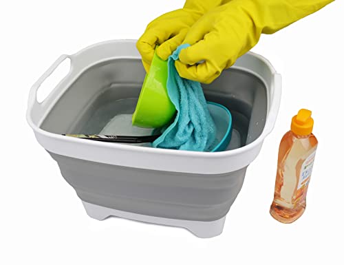 SAMMART 7.5L (2 Gallons) Collapsible Dishpan with Draining Plug - Foldable Washing Basin - Portable Dish Washing Tub - Space Saving Kitchen Storage Tray (White/Grey, 1)