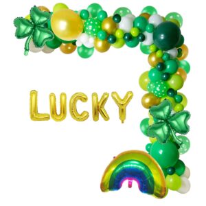 st.patricks day party decorations garland, ireland party decorations lucky rainbow shamrocks mylar balloons 18" 10" 5" latex balloons green gold white for birthday baby shower bachelorette supplies