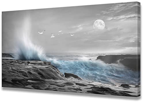 Large Framed Wall Art Canvas Ocean Decor Beach Theme Living room Bedroom Wall art Black White Blue Ocean Waves Seagulls Moon Picture Decoration Office Posters Art Wall Paintings, Ready to Hang 30"x60"