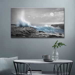 Large Framed Wall Art Canvas Ocean Decor Beach Theme Living room Bedroom Wall art Black White Blue Ocean Waves Seagulls Moon Picture Decoration Office Posters Art Wall Paintings, Ready to Hang 30"x60"