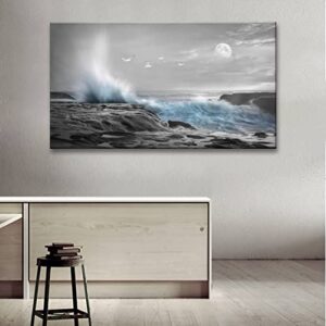 Large Framed Wall Art Canvas Ocean Decor Beach Theme Living room Bedroom Wall art Black White Blue Ocean Waves Seagulls Moon Picture Decoration Office Posters Art Wall Paintings, Ready to Hang 30"x60"