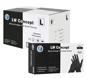 lw concept black medical nitrile examination gloves - latex & powder-free, disposable, ultra-strong, healthcare, food handling use (large, case of 1000)
