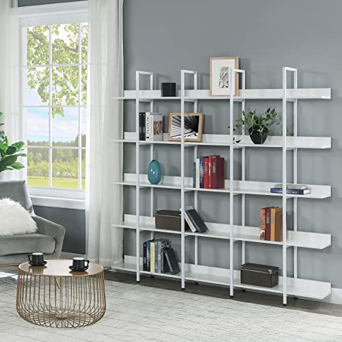 Noskatu Industrial Wide 5-Tier Bookshelf Wood and Metal Bookcase Rustic Vintage Style Bookshelves for Living Room Bedroom Home Office White