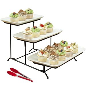 happy kit 3 tier serving tray with tong, ceramic rectangular serving platters for cupcake stand display, 16/14/12inch tiered serving tray with collapsible sturdy metal rack for dessert server display