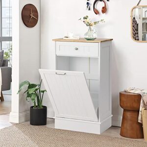kigoty tilt out trash can cabinet, free standing kitchen garbage bin holder with hideaway drawer and countertop, wooden pet-proof recycling trash cabinet laundry hamper, white