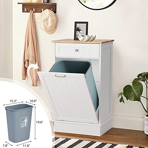 KIGOTY Tilt Out Trash Can Cabinet, Free Standing Kitchen Garbage Bin Holder with Hideaway Drawer and Countertop, Wooden Pet-Proof Recycling Trash Cabinet Laundry Hamper, White