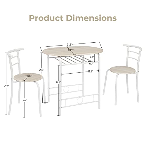VINGLI 3 Piece Dining Set,Small Kitchen Table Set for 2,Breakfast Table Set,Kitchen Wooden Table and 2 Chairs for Small Space/Dining Room/Apartment,Metal Frame,Wine Rack,White&Light Oak