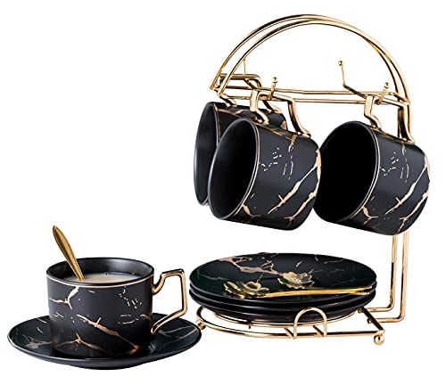 Jusalpha Serve of 4- Hand Printed Golden Matte Ceramic Marble Tea Coffee/Tea Cups with Spoons and Cup Holder, 7OZ -TCS26 (Black/Gold, Serve of 4)