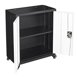 GREATMEET Metal Storage Cabinet with Locking Doors and Adjustable Shelve, Storage Locker Cabinet with Wheels, Metal Folding Cabinets for Home Office,Garage, Black+White