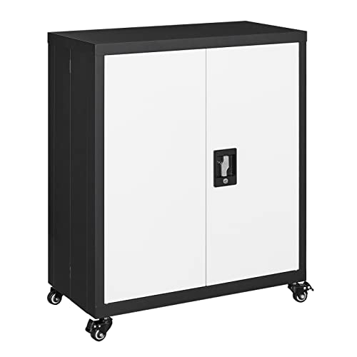 GREATMEET Metal Storage Cabinet with Locking Doors and Adjustable Shelve, Storage Locker Cabinet with Wheels, Metal Folding Cabinets for Home Office,Garage, Black+White