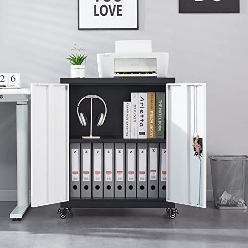 GREATMEET Metal Storage Cabinet with Locking Doors and Adjustable Shelve, Storage Locker Cabinet with Wheels, Metal Folding Cabinets for Home Office,Garage, Black+White