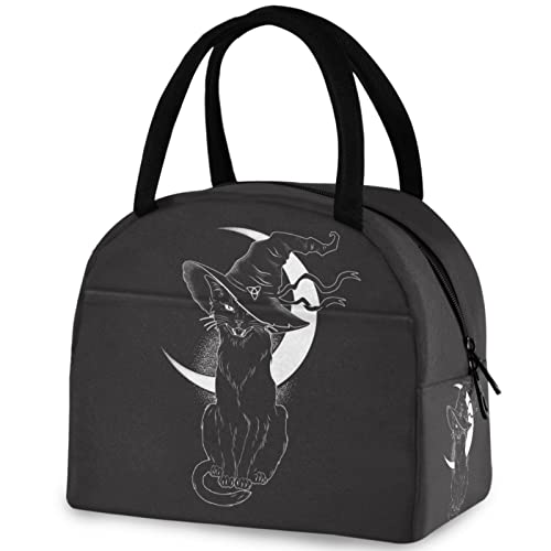 ZzWwR Black Cat in Witch Hat Halloween Lunch Tote Bag with Front Pocket Reusable Insulated Thermal Zipper Closure Cooler Container Bag for School Work Picnic Travel Fishing Beach