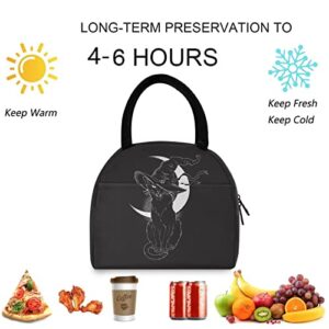 ZzWwR Black Cat in Witch Hat Halloween Lunch Tote Bag with Front Pocket Reusable Insulated Thermal Zipper Closure Cooler Container Bag for School Work Picnic Travel Fishing Beach