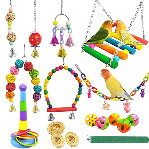 NA Allazone 17 PCS Bird Toys Parrot Swing Toys Pet Birds Cage Toys Chewing Hanging Bell Toys for Parrot, Cockatiel, Conures, Love Birds, Finches, Style 5