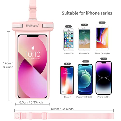 Waterproof Phone Pouch with Lanyard Cellphone Ip8x Diving 3D Seamless Dry Bag Case Outdoor Beach Underwater HD TPU Waterproof Dustproof Touch Phone Case for iPhone 14 Pro 13 Pro Pink