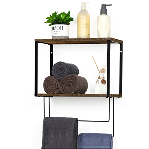 Bathroom Towel Shelf with Towel Bar Wall Mount Towel Rack with Shelves for Bathroom 2 Tier Wood Towel Shelf Organizer for Kitchen Entryway Living Room Bedroom Brown