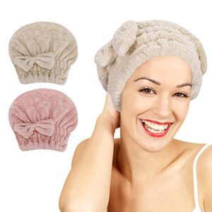 unaone 2 pack microfiber hair drying towels, super absorbent turban hair towel cap, quick dry head wrap with bow-knot shower cap for for curly, long, thick hair & wet hair (pink & brown)