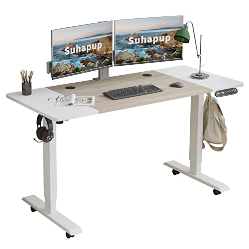 Suhapup Electric Height Adjustable Standing Desk, 55 x 24 inches Sit - Stand Desk for Work or Home Office Push Button Memory Settings Oak+White Splice Board/White Frame