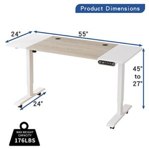 Suhapup Electric Height Adjustable Standing Desk, 55 x 24 inches Sit - Stand Desk for Work or Home Office Push Button Memory Settings Oak+White Splice Board/White Frame