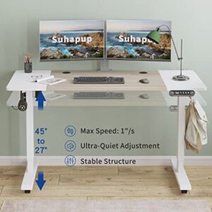 Suhapup Electric Height Adjustable Standing Desk, 55 x 24 inches Sit - Stand Desk for Work or Home Office Push Button Memory Settings Oak+White Splice Board/White Frame