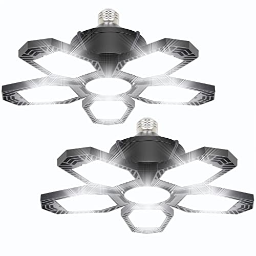 JAMIEWIN 2 Pack LED Garage Ceiling Lights, 120W 12000LM Deformable Garage Light Fixture 6500K E26/E27 LED Shop Light for Garage Workshop Basement Attic Barn