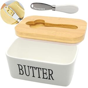 lovelyduo large butter dish with lid for countertop ceramics butter keeper container with knife high-quality double silicone for kitchen, farmhouse, fridge, gift rectangle white