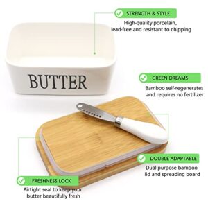 Lovelyduo Large Butter Dish with Lid for Countertop Ceramics Butter Keeper Container with Knife High-quality Double Silicone for Kitchen, Farmhouse, Fridge, Gift Rectangle White