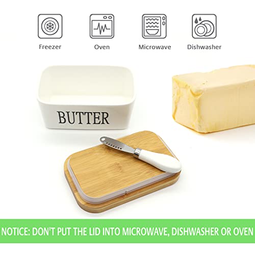 Lovelyduo Large Butter Dish with Lid for Countertop Ceramics Butter Keeper Container with Knife High-quality Double Silicone for Kitchen, Farmhouse, Fridge, Gift Rectangle White