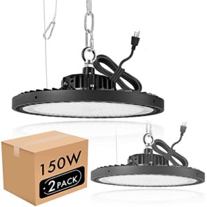 iceko kn [2-pack] ufo led high bay lights,led shop light 150w/21000lm/6000k/(eqv.400w hid),with hanging chain,safe rope,6ft power cable&plug,for barn,garage,warehouse,basement,workshop,wet location