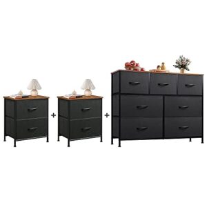 wlive 2-drawer nightstand and 7-drawer dresser set, fabric storage tower for bedroom, hallway, nursery, closets, tall chest organizer unit with textured print fabric bins, steel frame