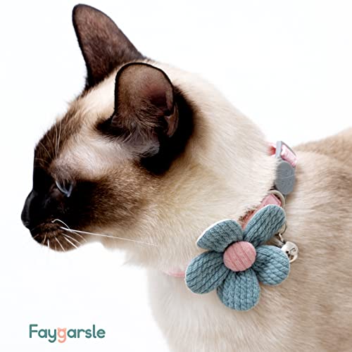 2 Pack Cotton Breakaway Cat Collars with Bell Cat Flower Collar for Female Girl Cats Male Boy Cats Pink&Gray