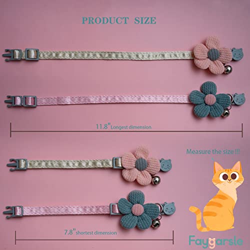 2 Pack Cotton Breakaway Cat Collars with Bell Cat Flower Collar for Female Girl Cats Male Boy Cats Pink&Gray