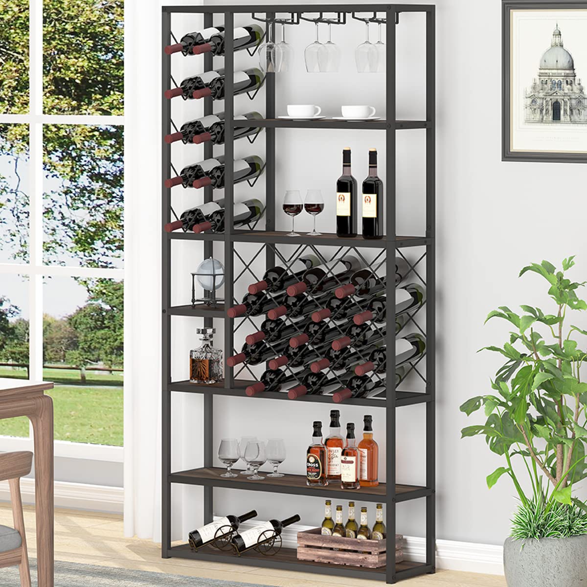 Launica Rustic Wine Rack Freestanding Floor, Industrial Modern Wine Bakers Rack, Farmhouse Wood and Metal Wine Bar Cabinet with Wine Storage and Glass Holder for Home Kitchen Dining Room, Rustic Oak