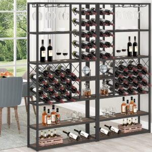 Launica Rustic Wine Rack Freestanding Floor, Industrial Modern Wine Bakers Rack, Farmhouse Wood and Metal Wine Bar Cabinet with Wine Storage and Glass Holder for Home Kitchen Dining Room, Rustic Oak