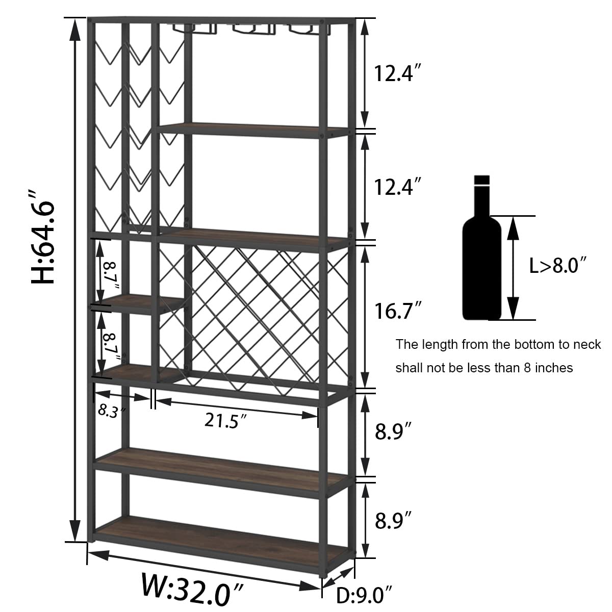 Launica Rustic Wine Rack Freestanding Floor, Industrial Modern Wine Bakers Rack, Farmhouse Wood and Metal Wine Bar Cabinet with Wine Storage and Glass Holder for Home Kitchen Dining Room, Rustic Oak