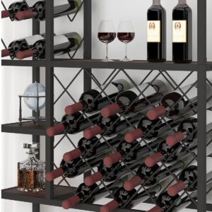 Launica Rustic Wine Rack Freestanding Floor, Industrial Modern Wine Bakers Rack, Farmhouse Wood and Metal Wine Bar Cabinet with Wine Storage and Glass Holder for Home Kitchen Dining Room, Rustic Oak