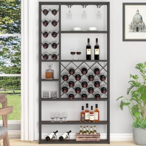 Launica Rustic Wine Rack Freestanding Floor, Industrial Modern Wine Bakers Rack, Farmhouse Wood and Metal Wine Bar Cabinet with Wine Storage and Glass Holder for Home Kitchen Dining Room, Rustic Oak