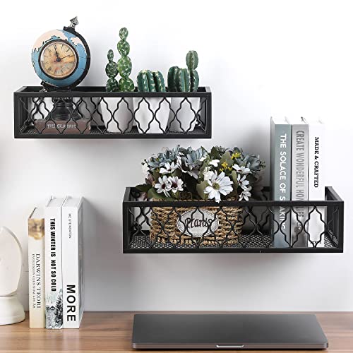 MyGift Black Metal Wall Hanging Plant Shelf with Moroccan Style Design, Decorative Window Box Plant Basket, Display Shelves, Set of 2