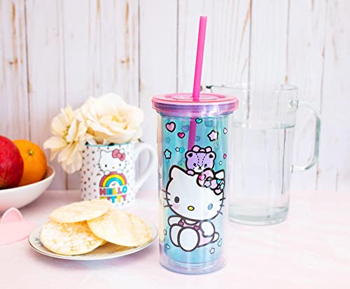 Sanrio Hello Kitty Stacked Donuts Carnival Cup with Reusable Straw and Leakproof Lid | Plastic Cold Cup for Boba Milk Tea Beverages, Home & Kitchen Essentials | Cute Kawaii Gifts | Holds 20 Ounces