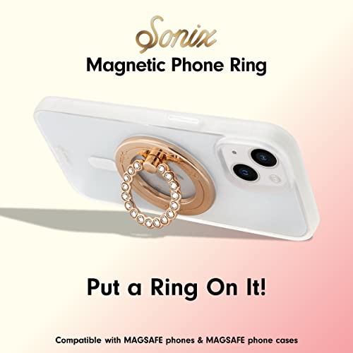 Sonix Magnetic Phone Ring Holder with Finger Ring and Phone Stand for iPhone 15, 14, 13, 12 Series Magsafe Cases (Gold/Clear)