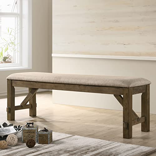 Kia Modern-Farmhouse Style Upholstered Dining Bench, Solid Wood Frame, Glazed Pine Brown Finish