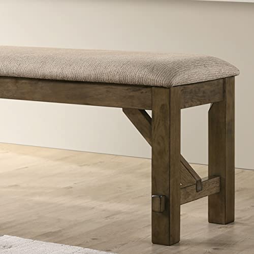 Kia Modern-Farmhouse Style Upholstered Dining Bench, Solid Wood Frame, Glazed Pine Brown Finish